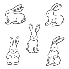 Fototapeta premium Set of rabbits sketch vector graphic illustration for design of farming and zoological themes. Whimsical hand drawn isolated Easter bunnies. Black and white hare doodles for organic product packaging.