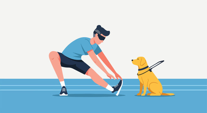 A person wearing blindfold stretches while their service dog waits patiently nearby