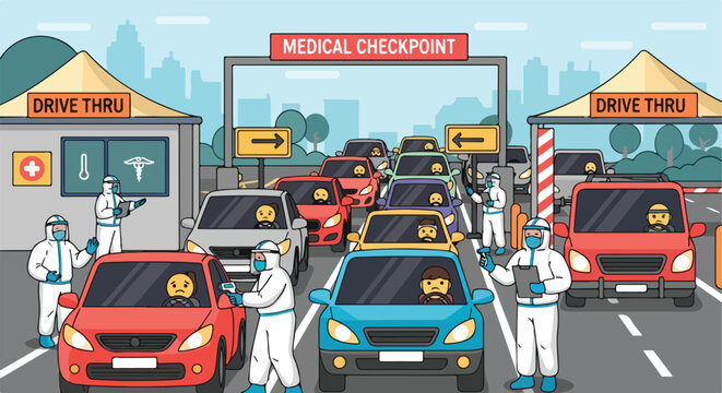 Cartoon illustration of a pandemic drive-thru medical checkpoint with cars and masked personnel
