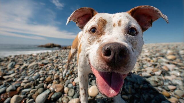 Close up white and brown dog facing camera on pebble beach clear daytime sky