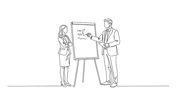 Continuous one line drawing young male CEO explaining business process to his partner with infographic on flip chart. One line draw graphic design vector illustration