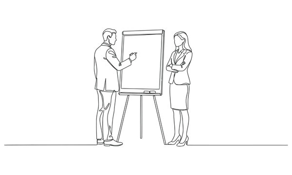 Continuous one line drawing young male CEO explaining business process to his partner with infographic on flip chart. One line draw graphic design vector illustration