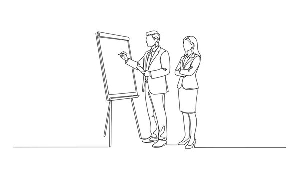 Continuous one line drawing young male CEO explaining business process to his partner with infographic on flip chart. One line draw graphic design vector illustration
