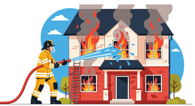 Firefighter extinguishes blazing house fire with water hose, smoke billowing from roof