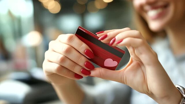 Woman's hands with red nails holding red credit card forming heart, responsible consumption and shopping for love concept, financial love gesture, mindful spending theme, faceless