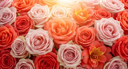 Naklejka premium Vibrant bouquet of pink, peach, and coral roses with sunlight shining through