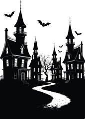 Obraz premium Haunted house silhouette, spooky village, gothic architecture, bats flying, twisted tree, Halloween illustration, eerie path, horror theme, dark night, scary atmosphere