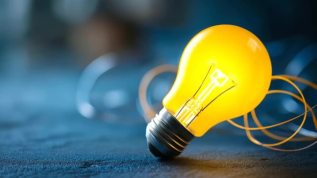 Yellow lightbulb surrounded by abstract lines on textured blue background, idea visualization graphic, creative thought concept, innovation symbol with energy, inspirational
