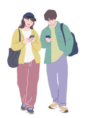 Fototapeta premium フラットイラスト スマートフォンを見ているカップル