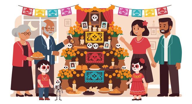 Diverse family honors ancestors at a vibrant Day of the Dead altar with offerings