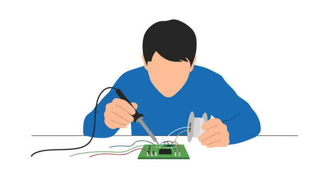 Person soldering electronic circuit board with wire spool