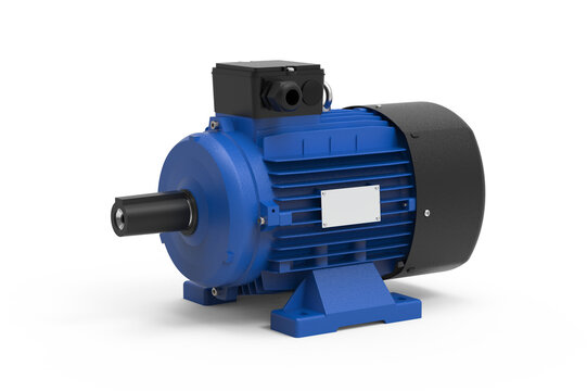 This high-quality 3D render showcases a heavy-duty industrial electric motor, featuring a durable blue-coated frame designed for demanding environments. The unit is equipped with prominent cooling fin