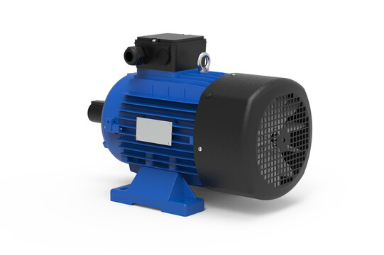 This high-quality 3D render showcases a heavy-duty industrial electric motor, featuring a durable blue-coated frame designed for demanding environments. The unit is equipped with prominent cooling fin