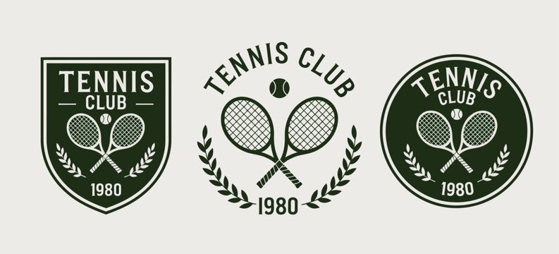 Tennis club logo set, rackets and ball, active lifestyle, leisure and sports, competition, tournament, league, championship, tennis club emblem, sports branding, flat vector illustration 