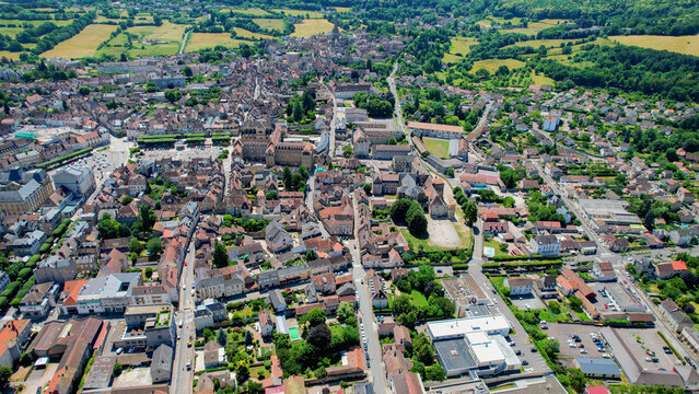 Aerial view of the old town above the city of Autun in France, on a sunny spring day.