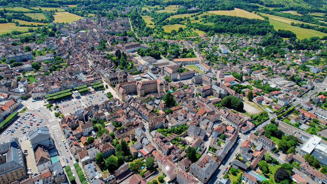 Aerial view of the old town above the city of Autun in France, on a sunny spring day.