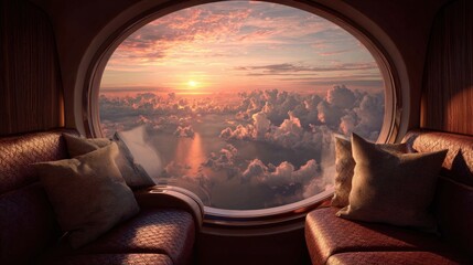 Naklejka premium Plane window seating overlooking sunset clouds above horizon