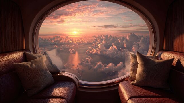 Plane window seating overlooking sunset clouds above horizon