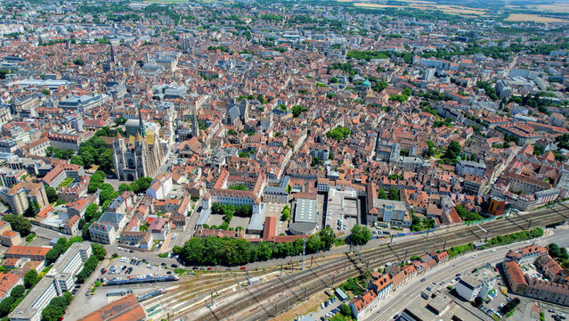 Aerial view of the old town above the city of Dijon in France, on a sunny spring day.