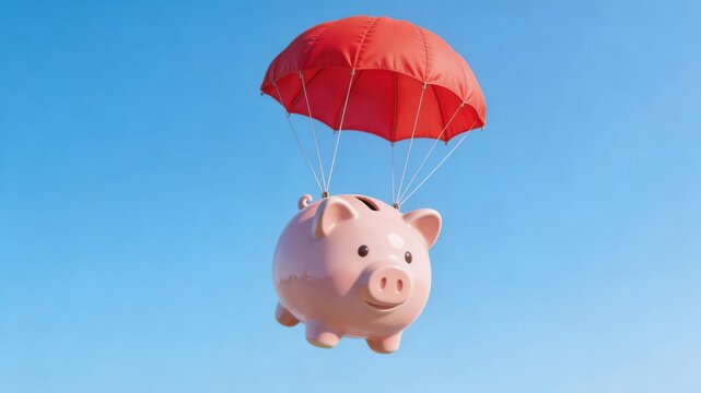 Piggy Bank Flying with Red Parachute Against Blue Sky