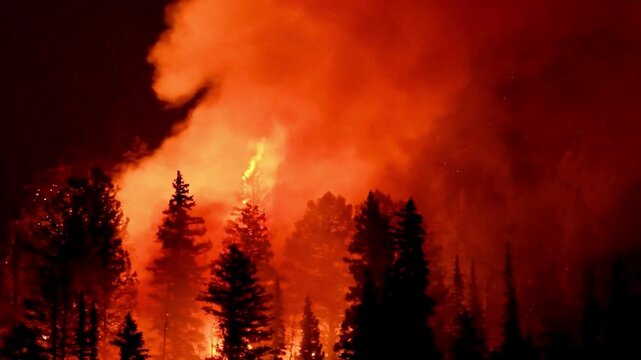 Horrifying Shot of an Intense forest fire with thick smoke engulfing coniferous trees in wilderness. Climate change and Global effect concept. 
