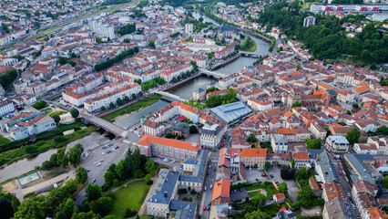 Obraz premium Aerial view of the old town above the city of Épinal in France, on a sunny spring day.