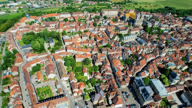 Aerial view of the old town above the city of Langres in France, on a sunny spring day.
