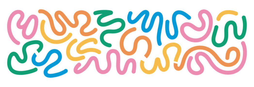 Abstract organic color line shapes, vector squiggle pattern design, fun kid graphics background, wavy party color lines, isolated vector illustration