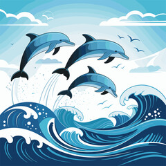 Obraz premium Three Dolphins Jumping Over Ocean Waves with Birds and Clouds Stylized Illustration