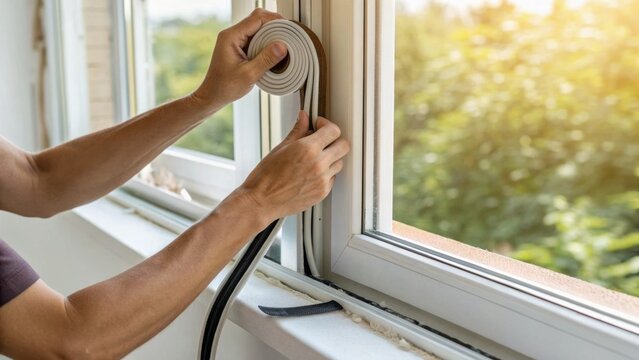 Person installing weatherstripping tape on a window frame to improve insulation and prevent drafts.