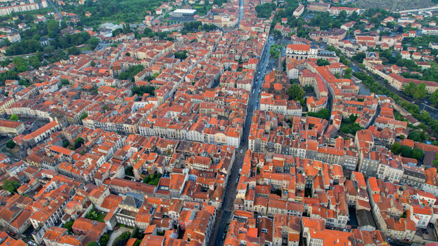 Aerial view of the old town above the city of Riom in France, on a sunny spring day.