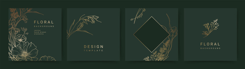 Elegant luxury green background with hand drawn golden line art floral pattern. Floral frame. Vector templates for wedding invitation, greeting card, packaging, branding, design, social media © Feodora_21
