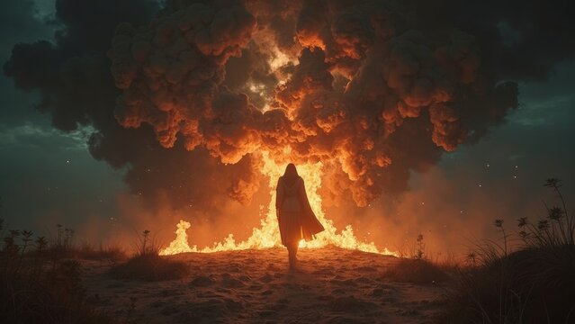 Mystical Figure Walking Into Fiery Storm