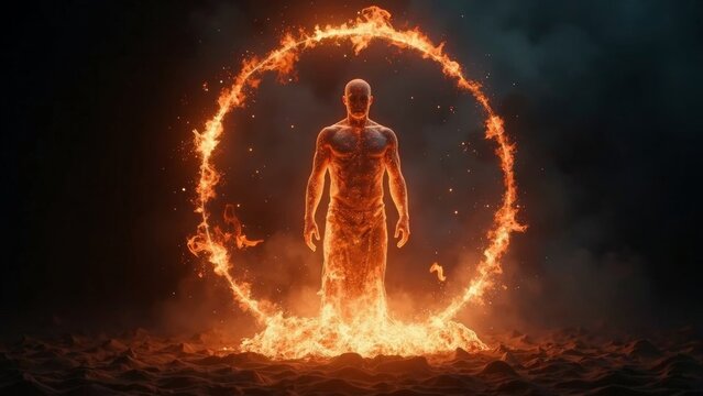 Mystical figure within flaming ring of fire