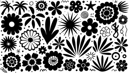 Fototapeta premium Vibrant Black floral pattern with white flowers and foliage