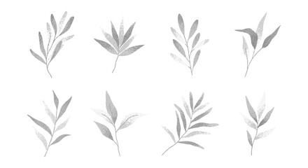 Fototapeta premium Halftone branches with leaves in pointillism stipple effect.Elegant foliage with a gentle fade.Minimal floral elements with subtle spray texture for prints,invitations,branding,packaging,patterns
