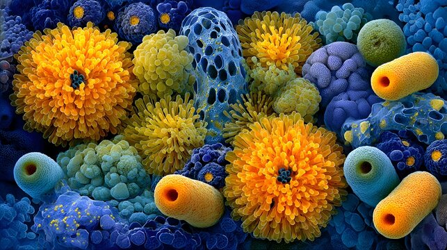 Intricate close-up reveals a vibrant array of microscopic cells and organisms displaying various shapes colors and structural complexities.