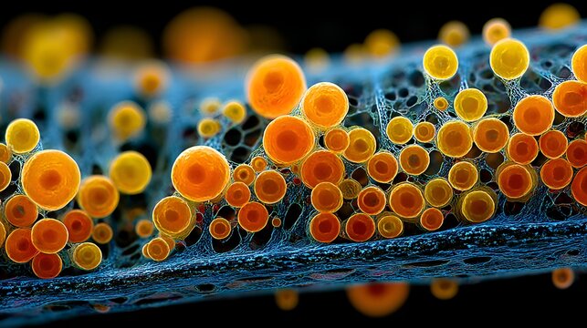 Microscopic view showing numerous round yellow and orange globules clustered on a textured blue structure creating abstract biological illustration.
