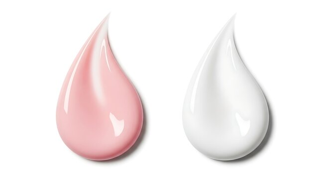 Two droplets of pink and white cosmetic cream on white background