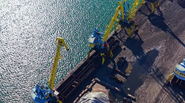 Large cranes move cargo from ships at a bustling port. The scene shows containers and equipment near the water under clear skies. Workers are busy in the shipping area during daytime.