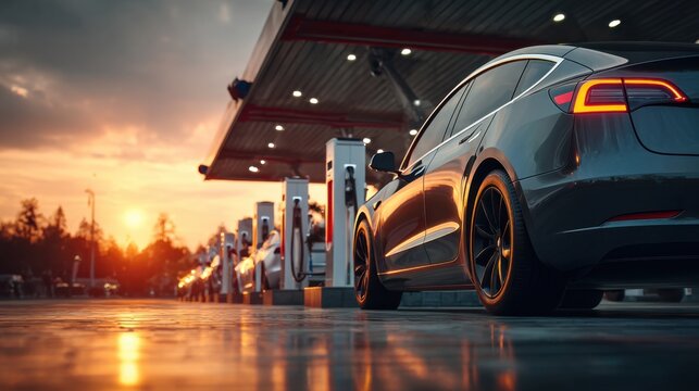 Electric car charging at station during sunset on wet pavement