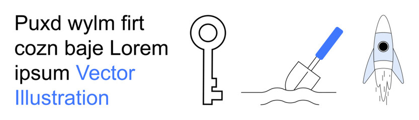 Innovation, exploration, startups, security, growth, technology. Hand-drawn key, shovel digging and a rocket launching. Innovation and exploration concepts for technology and startups © robu_s