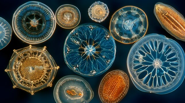 A variety of beautiful diatom aae arranged artistically to showcase intricate details of their glass like cell walls under a microscope.