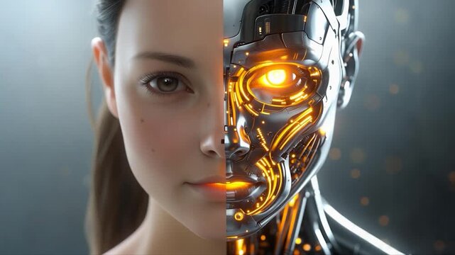 Half human face juxtaposed with a metallic robot face, divided vertically. Glowing circuits illuminate the robotic side