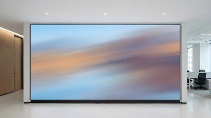 Fototapeta premium Large modern screen displaying vibrant blurred sky imagery in an office interior