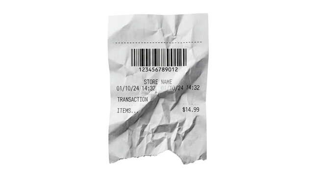 Crumpled store receipt isolated PNG with transparent background