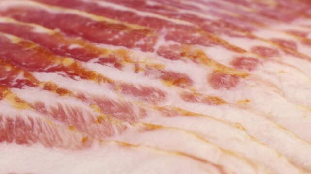 Fresh raw bacon slices circle rotation close up
