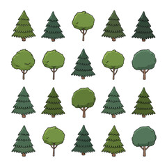 Collection of cartoon trees in varying shapes and shades of green © FAS