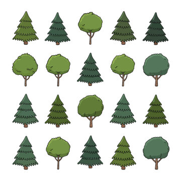 Collection of cartoon trees in varying shapes and shades of green