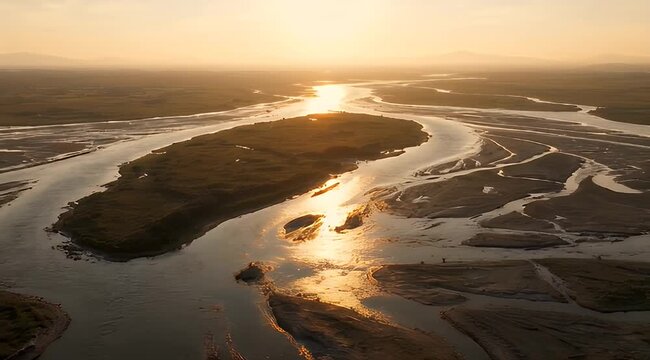 Expansive aerial of a shimmering braided river winding through a vast flat landscape at sunset
